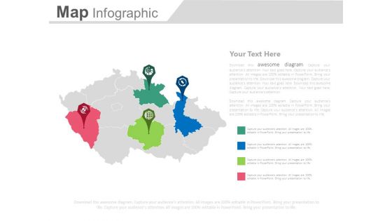 Map Infographics With Four Location Pointers Powerpoint Slides