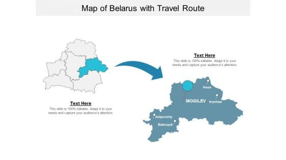 Map Of Belarus With Travel Route Ppt PowerPoint Presentation Summary Slides