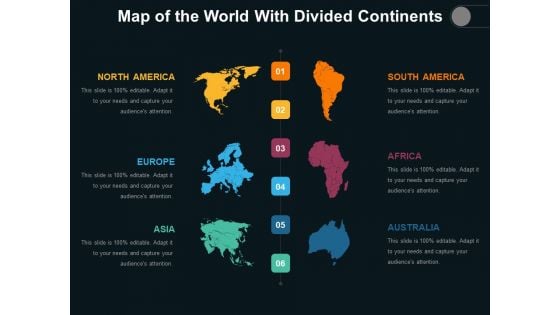 Map Of The World With Divided Continents Ppt PowerPoint Presentation Styles Visual Aids PDF