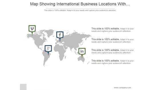 Map Showing International Business Locations With Media Icons Ppt PowerPoint Presentation Guidelines