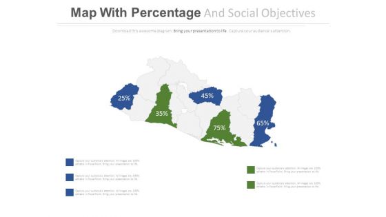 Map With Highlighted Areas And Percentage Values Powerpoint Slides