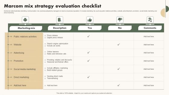 Marcom Mix Strategy Evaluation Checklist Formats PDF