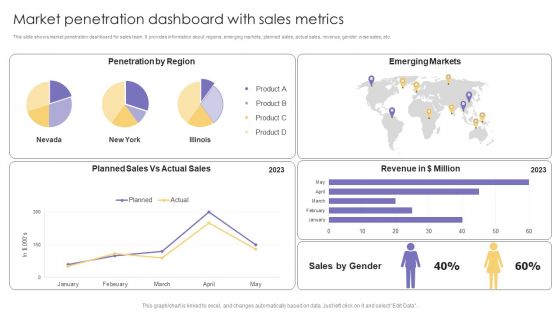 Market Penetration Dashboard With Sales Metrics Ppt Icon Examples PDF