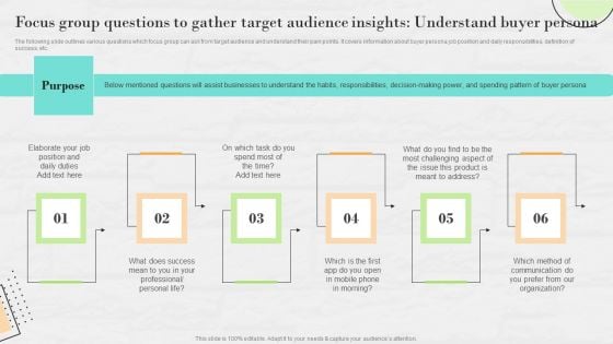 Market Research To Determine Business Opportunities Focus Group Questions To Gather Target Audience Buyer Persona Designs PDF