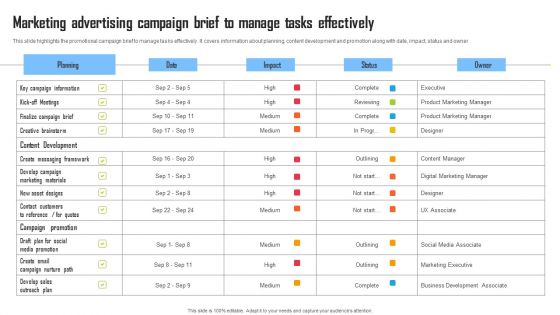 Marketing Advertising Campaign Brief To Manage Tasks Effectively Demonstration PDF Marketing Advertising Campaign Brief To Manage Tasks Effectively Demonstration PDF