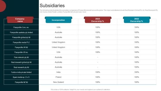 Marketing Agency Company Outline Subsidiaries Demonstration PDF