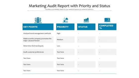 Marketing Audit Report With Priority And Status Ppt PowerPoint Presentation Gallery Guidelines PDF