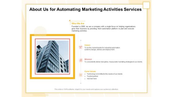 Marketing Automation About Us For Automating Marketing Activities Services Formats PDF