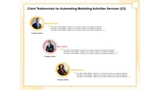 Marketing Automation Client Testimonials For Automating Marketing Activities Services Capture Diagrams PDF