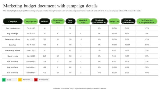 Marketing Budget Document With Campaign Details Summary PDF