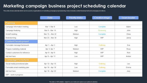 Marketing Campaign Business Project Scheduling Calendar Diagrams PDF