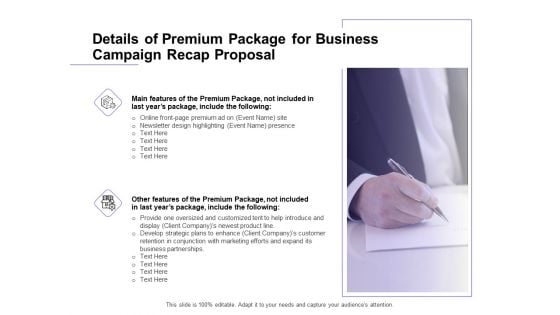 Marketing Campaign Details Of Premium Package For Business Campaign Recap Proposal Template PDF Marketing Campaign Details Of Premium Package For Business Campaign Recap Proposal Template PDF