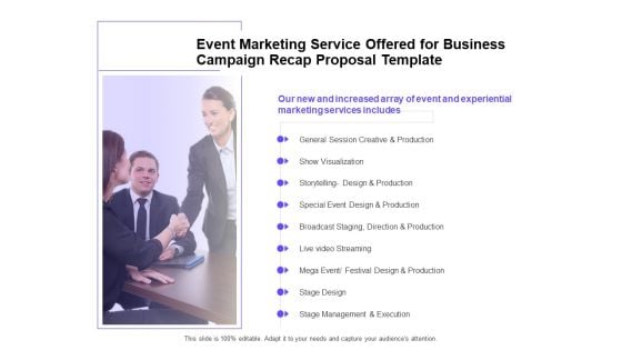 Marketing Campaign Event Marketing Service Offered For Business Campaign Recap Proposal Template Pictures PDF