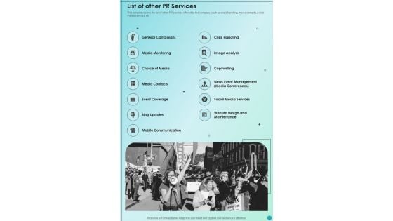 Marketing Campaign For Brand Awareness List Of Other Pr Services One Pager Sample Example Document Marketing Campaign For Brand Awareness List Of Other Pr Services One Pager Sample Example Document