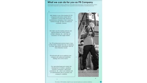 Marketing Campaign For Brand Awareness What We Can Do For You As PR Company One Pager Sample Example Document Marketing Campaign For Brand Awareness What We Can Do For You As PR Company One Pager Sample Example Document