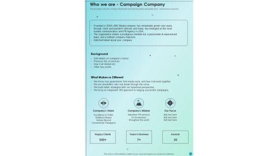 Marketing Campaign For Brand Awareness Who We Are Campaign Company One Pager Sample Example Document