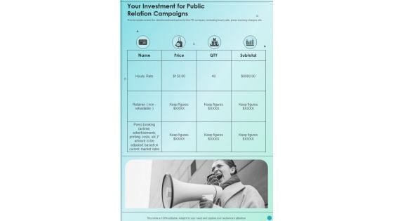 Marketing Campaign For Brand Awareness Your Investment For Public Relation One Pager Sample Example Document Marketing Campaign For Brand Awareness Your Investment For Public Relation One Pager Sample Example Document