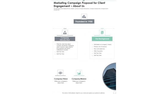 Marketing Campaign Proposal For Client Engagement About Us One Pager Sample Example Document