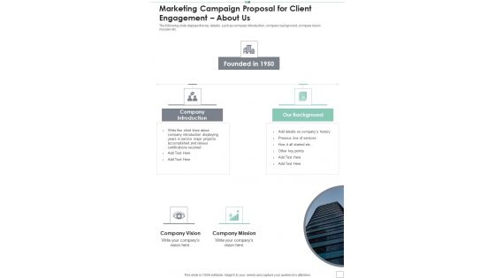 Marketing Campaign Proposal For Client Engagement About Us One Pager Sample Example Document Marketing Campaign Proposal For Client Engagement About Us One Pager Sample Example Document