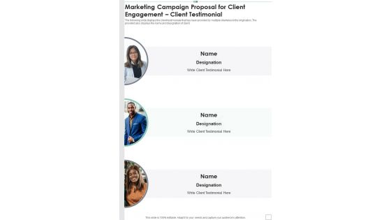 Marketing Campaign Proposal For Client Engagement Client Testimonial One Pager Sample Example Document Marketing Campaign Proposal For Client Engagement Client Testimonial One Pager Sample Example Document