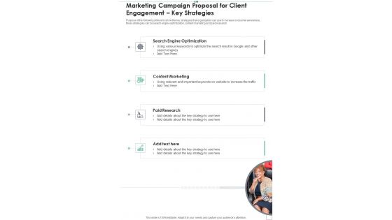 Marketing Campaign Proposal For Client Engagement Key Strategies One Pager Sample Example Document Marketing Campaign Proposal For Client Engagement Key Strategies One Pager Sample Example Document