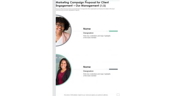 Marketing Campaign Proposal For Client Engagement Our Management One Pager Sample Example Document Marketing Campaign Proposal For Client Engagement Our Management One Pager Sample Example Document