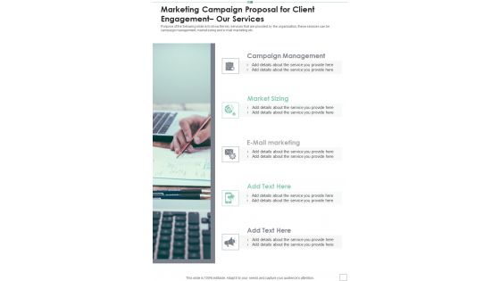 Marketing Campaign Proposal For Client Engagement Our Services One Pager Sample Example Document Marketing Campaign Proposal For Client Engagement Our Services One Pager Sample Example Document
