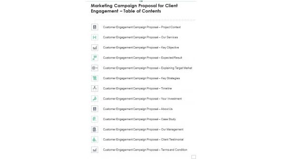 Marketing Campaign Proposal For Client Engagement Table Of Contents One Pager Sample Example Document Marketing Campaign Proposal For Client Engagement Table Of Contents One Pager Sample Example Document