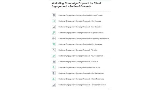 Marketing Campaign Proposal For Client Engagement Table Of Contents One Pager Sample Example Document