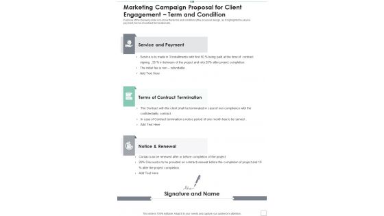 Marketing Campaign Proposal For Client Engagement Term And Condition One Pager Sample Example Document