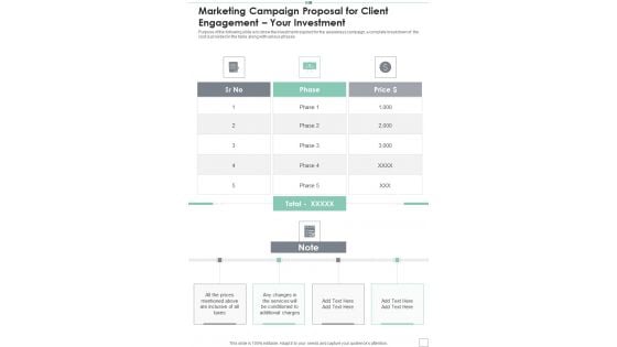 Marketing Campaign Proposal For Client Engagement Your Investment One Pager Sample Example Document Marketing Campaign Proposal For Client Engagement Your Investment One Pager Sample Example Document