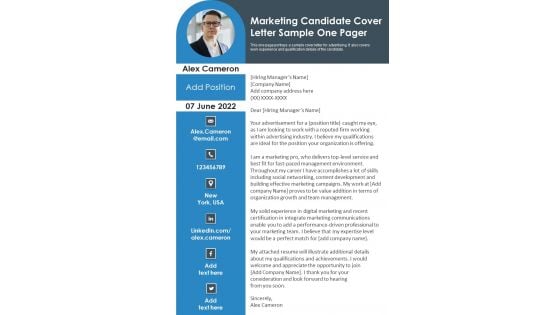 Marketing Candidate Cover Letter Sample One Pager PDF Document PPT Template