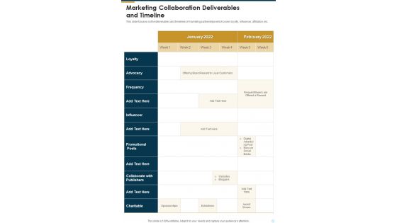 Marketing Collaboration Deliverables And Timeline One Pager Sample Example Document