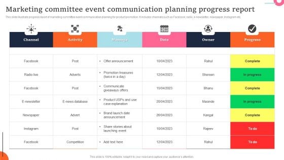 Marketing Committee Event Communication Planning Progress Report Graphics PDF