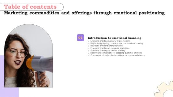 Marketing Commodities And Offerings Through Emotional Positioning Table Of Contents Slides PDF