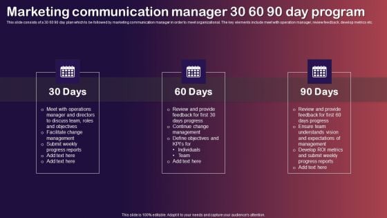 Marketing Communication Manager 30 60 90 Day Program Rules PDF