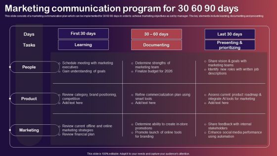 Marketing Communication Program For 30 60 90 Days Topics PDF