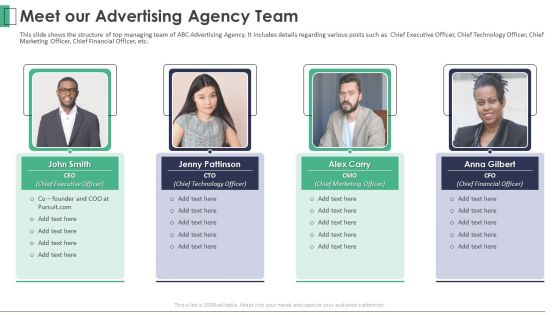 Marketing Company Investor Pitch Deck Meet Our Advertising Agency Team Guidelines PDF