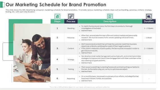 Marketing Company Investor Pitch Deck Our Marketing Schedule For Brand Promotion Inspiration PDF