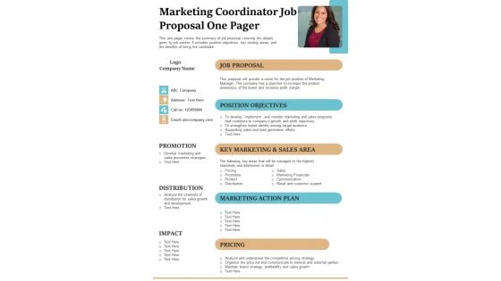 Marketing Coordinator Job Proposal One Pager PDF Document PPT Template