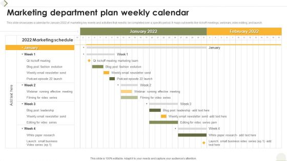 Marketing Department Plan Weekly Calendar Ppt Pictures Files PDF