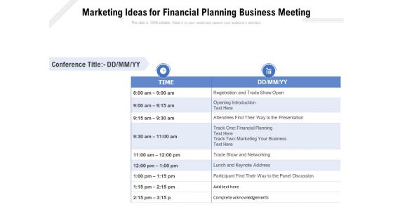 Marketing Ideas For Financial Planning Business Meeting Ppt PowerPoint Presentation Gallery Smartart PDF