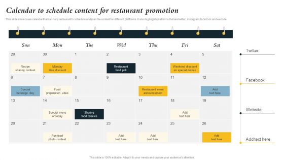 Marketing Initiatives To Promote Fast Food Cafe Calendar To Schedule Content For Restaurant Promotion Graphics PDF