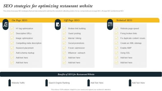 Marketing Initiatives To Promote Fast Food Cafe SEO Strategies For Optimizing Restaurant Website Summary PDF