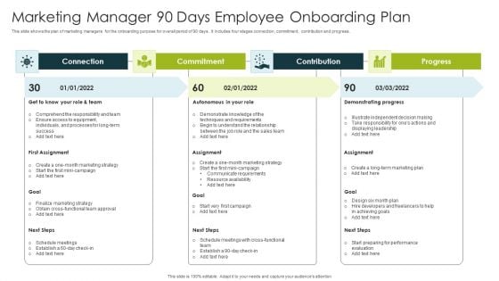 Marketing Manager 90 Days Employee Onboarding Plan Ppt Styles Clipart PDF