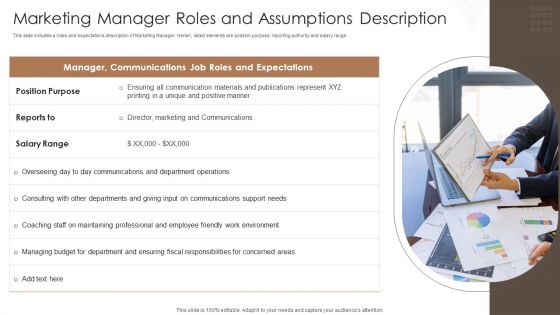 Marketing Manager Roles And Assumptions Description Ppt PowerPoint Presentation Infographics PDF