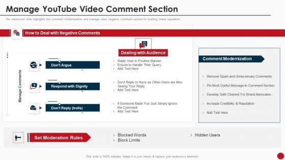 Marketing Manual For Product Promotion On Youtube Channel Manage Youtube Video Comment Section Brochure PDF
