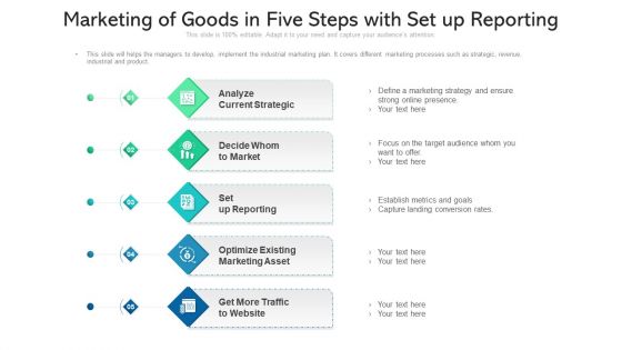 Marketing Of Goods In Five Steps With Set Up Reporting Ppt Icon Vector PDF