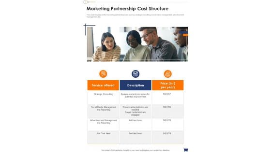 Marketing Partnership Cost Structure One Pager Sample Example Document