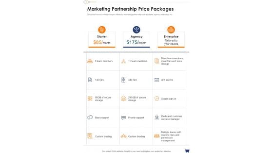 Marketing Partnership Price Packages One Pager Sample Example Document